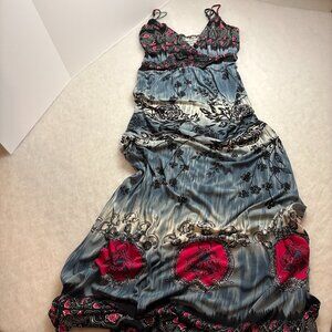 Strappy Corset Maxi Dress Gray Black Pink Floral Whimsygoth SzL Silk Blend Fairy